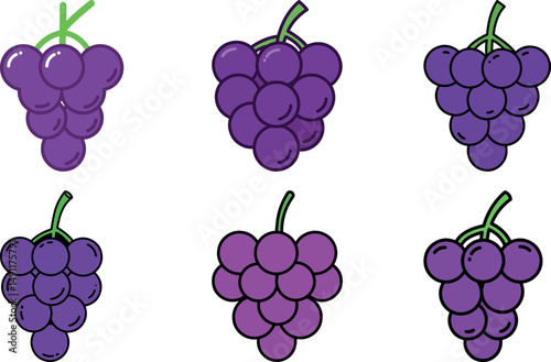 Six illustrations of bunches of purple grapes with green stems isolated on white background