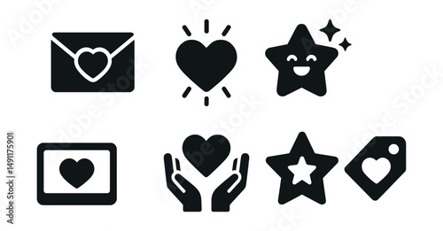 Solid style icons of emotional favorites: love letter heart, glowing heart icon, excited star, heart with sparkles, favorite memory icon, heartfelt icon, meaningful star, emotion tag.
