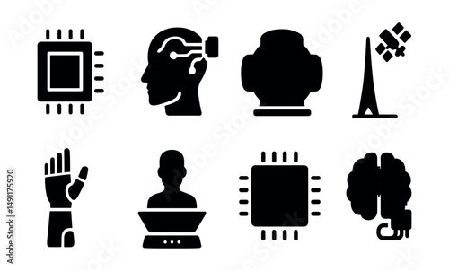 Solid style icons of major tech breakthroughs: quantum chip, neural interface, fusion reactor, space elevator, bionic limb, hologram display, AI breakthrough, brain scan chip.