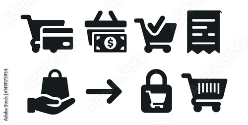Solid style icons of checkout actions: cart with credit card, basket and cash, payment ready cart, checkout receipt, finalize purchase, checkout arrow, secure checkout lock, cart with barcode.