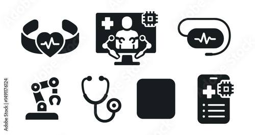 Solid style icons of medical device innovation: wearable ECG, remote surgery bot, AI diagnostic screen, implantable monitor, robotic therapy tool, digital stethoscope, health patch, AI triage app.