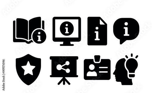 Solid style icons of educational and learning info: book with info mark, course info icon, syllabus page “i”, exam info bubble, learning badge, subject details icon, enrollment info, training hint