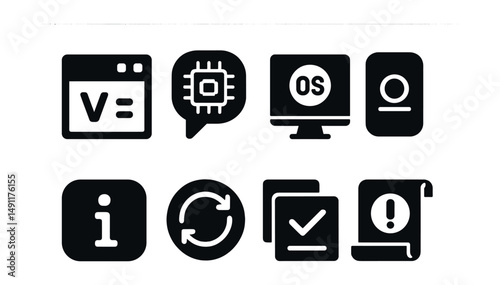 Solid style icons of system and software info: software version icon, system details bubble, OS info screen, platform info icon, application status “i”, update info badge, compatibility info,