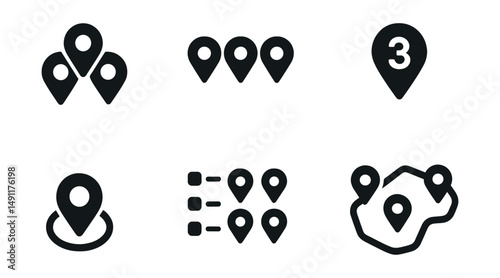 Solid style icons of grouped locations: cluster pins, multi-location icon, pin with number, overlapping pins, pin with ring, connected pins, list of markers, grouped area.