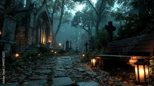 Enchanted Cemetery Pathway with Gothic Architecture and Illuminated Lanterns