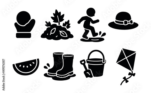 Solid style icons of seasonal play: snowball icon, leaf pile, puddle jump, sun hat, watermelon snack, rain boots splash, beach bucket, autumn kite.