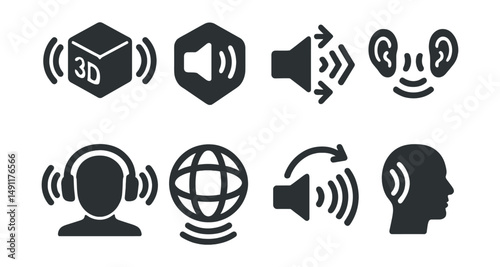 Solid style icons of immersive sound environments: 3D audio icon, spatial sound badge, directional volume icon, binaural audio, immersive headset icon, sound zone sphere, virtual sound path,