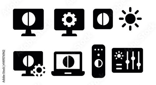 Solid style icons of hardware contrast settings: monitor contrast icon, display gear icon, contrast hotkey, brightness+contrast combo icon, device settings icon, laptop with contrast indicator,