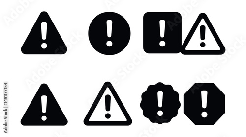 Solid style icons of general warnings: triangle with exclamation mark, alert circle icon, attention square, bold warning symbol, warning icon with border, hazard indicator, simple caution icon, alert