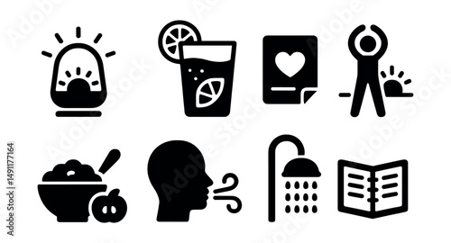 Solid style icons of morning health rituals: wake-up light, lemon water, gratitude note, sunrise stretch, healthy breakfast, breathwork icon, energizing shower, planner open.