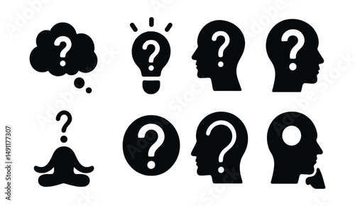 Solid style icons of philosophical and abstract questions: thought cloud with “?”, idea question, abstract inquiry symbol, deep question icon, existential mark, unknown concept icon, question inside
