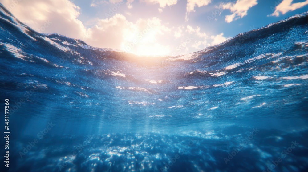 Naklejka premium Serene Ocean Water Surface with Sunlight and Gentle Waves