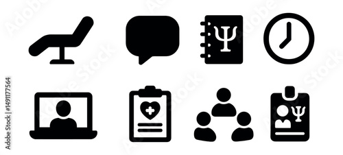 Solid style icons of therapy and counseling: therapist chair, speech bubble icon, psychology notebook, session clock, online therapy call, mental health form, talk circle, therapist badge.