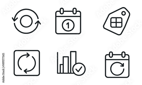Line style icons of recurring reminders: repeat reminder icon, daily alert badge, weekly schedule tag, monthly ping file, task cycle board, periodic check chart, ongoing reminder bubble, repeat