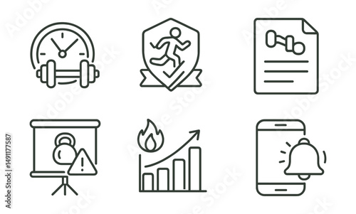 Line style icons of fitness and workout reminders: workout time icon, fitness reminder badge, exercise alert tag, training schedule file, gym session board, calorie burn chart, fitness goal bubble,