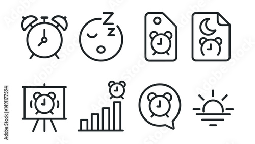 Line style icons of alarm clock reminders: wake-up alarm icon, snooze button badge, morning notification tag, sleep schedule file, alarm timer board, ringing reminder chart, early wake-up bubble,