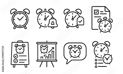 Line style icons of alarm clocks with reminders: daily reminder icon, task alarm badge, event alert tag, scheduled task file, daily routine board, priority reminder chart, task list bubble, daily
