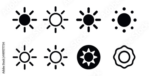 Solid style icons of minimal brightness variants: clean sun icon, thin-line brightness, solid fill sun, mono sun with dot, circular brightness glyph, subtle brightness icon, geometric brightness
