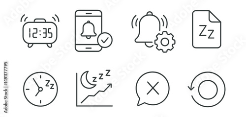 Line style icons of automatic alarm dismissal: smart snooze icon, app-controlled dismissal badge, automated stop tag, snooze delay file, smart clock board, wake up after rest chart, hands-free bubble