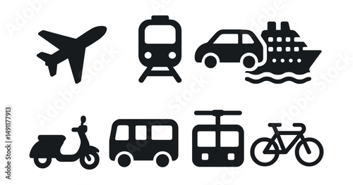 Solid style icons of transport for travel: airplane, train, rental car, cruise ship, scooter, travel bus, cable car, bicycle.