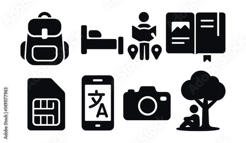 Solid style icons of solo travel: backpack icon, single bed, self-guided tour, journal, local SIM card, language app, travel camera, quiet spot.