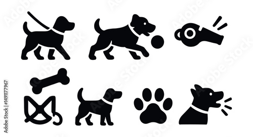 Solid style icons of dog activities: walk icon, fetch ball, bone chew, training whistle, leash and harness, tail wagging icon, paw print, barking dog.