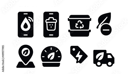 Solid style icons of sustainable lifestyle tech: water usage tracker, food waste monitor, reusable delivery container, low-emission label, local product finder, sustainability meter, minimal energy