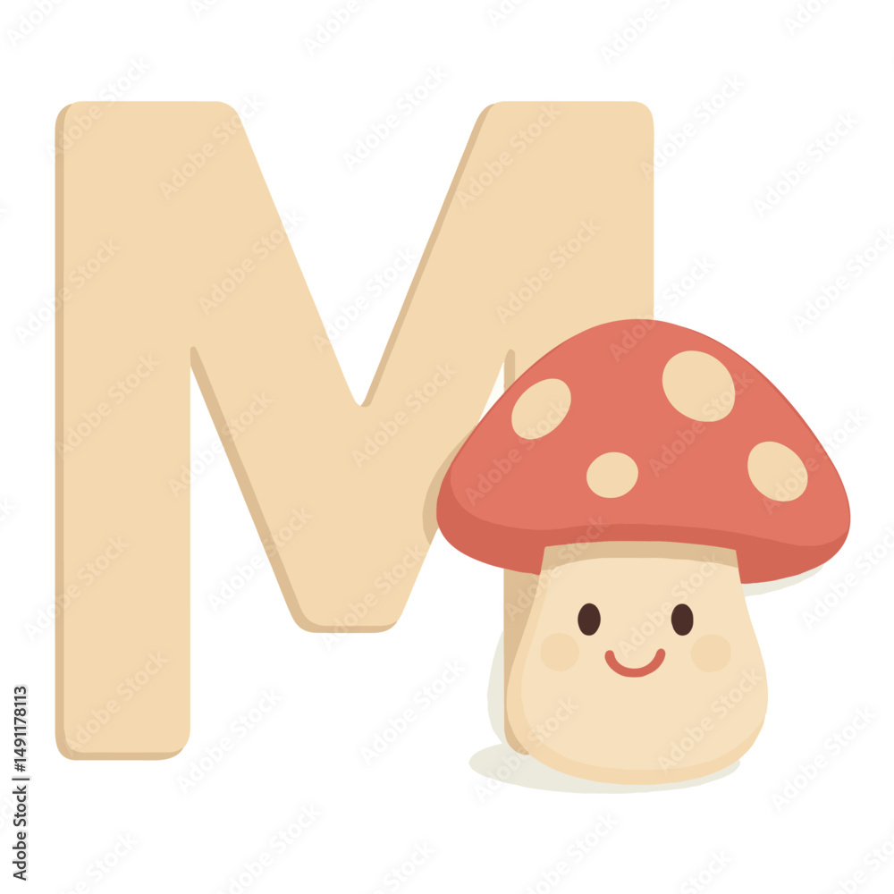 Uppercase Letter M with Cute Mushroom – Nature Alphabet Vector for Kids Uppercase Letter M with Cute Mushroom – Nature Alphabet Vector for Kids