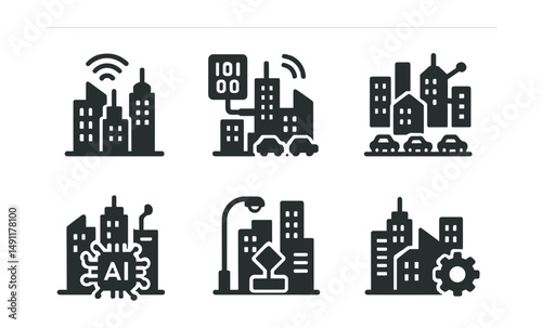 Solid style icons of smart cityscapes: sensor network, building data feed, traffic sync, connected district, AI-managed zone, adaptive lighting, urban algorithm icon, tech-integrated block.