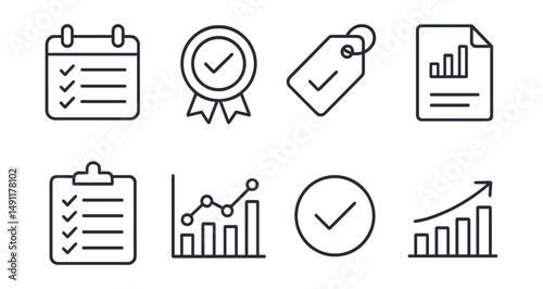 Line style icons of habit trackers: daily habit icon, routine tracking badge, goal streak tag, habit progress file, checklist board, activity log chart, habit completion bubble, consistent progress