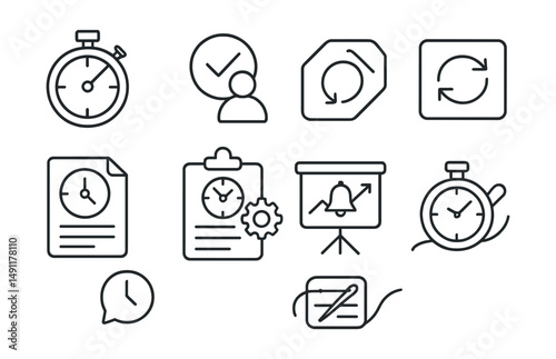 Line style icons of custom interval timers: interval time icon, personal schedule badge, repeat interval tag, duration control file, adjustable timer board, custom alert chart, flexible reminder