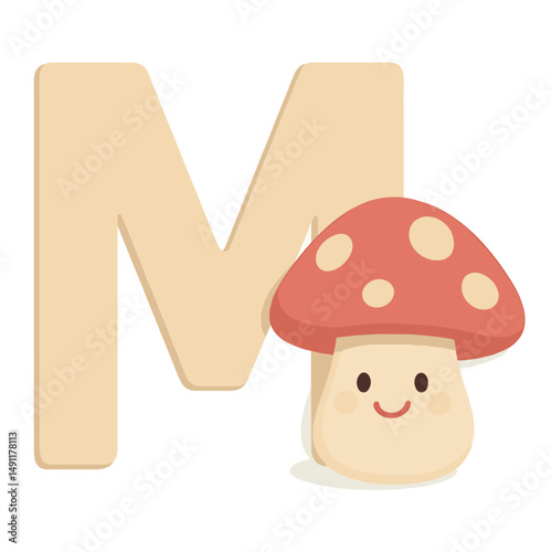 Uppercase Letter M with Cute Mushroom – Nature Alphabet Vector for Kids