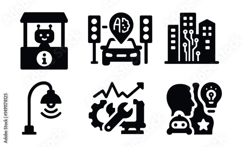 Solid style icons of AI in the city: chatbot info booth, AI-driven traffic, facial ID scanner, city data center, adaptive lighting, predictive maintenance, robotic cleaner, smart suggestions.