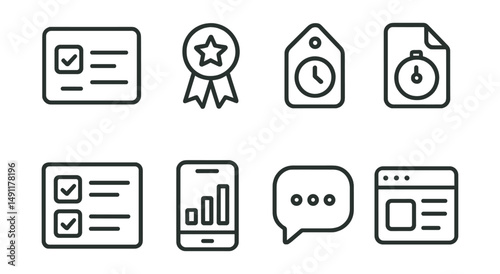 Line style icons of productivity app trackers: task tracking icon, app productivity badge, time management tag, focus timer file, daily checklist board, app usage chart, work session bubble, app