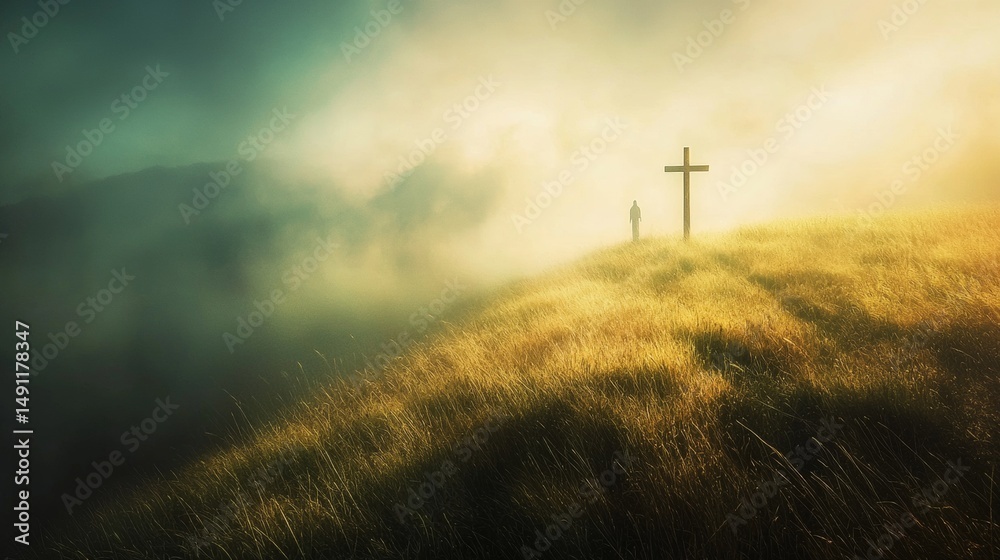 Obraz premium Lone figure stands before a cross on a misty hillside at dawn, evoking a sense of solitude and reflection