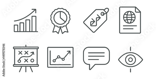 Line style icons of strategic business reports: growth forecast icon, market share badge, strategic initiatives tag, long-term plan file, business model board, performance projections chart, business