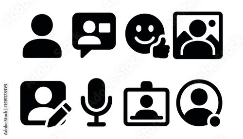 Solid style icons of digital avatars and profiles: user avatar, video bubble, emoji reaction, custom background, profile update, microphone icon, virtual name tag, status color.