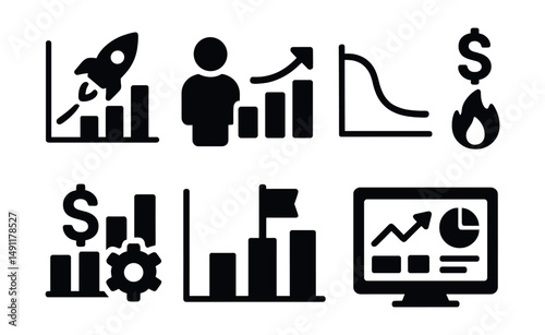 Solid style icons of startup growth tracking: traction chart, active users, retention graph, burn rate icon, run rate tracker, startup KPI, growth milestone, dashboard view.
