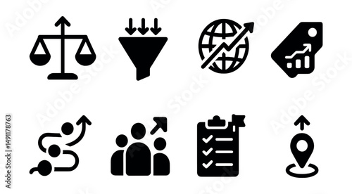 Solid style icons of venture growth strategy: scale icon, growth funnel, product roadmap, market expansion, team scale-up, scaling checklist, venture milestone, traction tag.