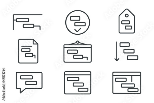 Line style icons of Gantt charts: project timeline icon, task progress badge, milestone marker tag, resource allocation file, work schedule board, task duration chart, project timeline bubble, Gantt