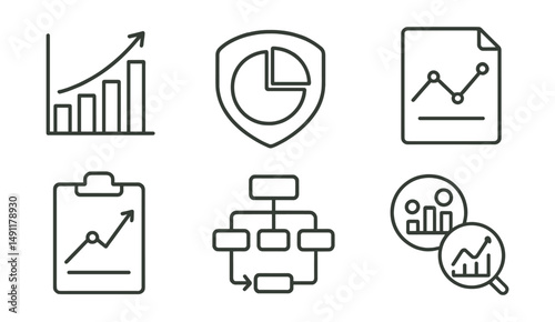 Line style icons of financial diagrams: revenue chart icon, expenditure graph badge, cost breakdown tag, P&L chart file, profit margin board, cash flow diagram chart, budget distribution bubble,