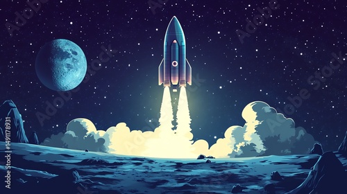 A retro-styled spaceship launches from a lunar base depicted in a high-quality stock photo.