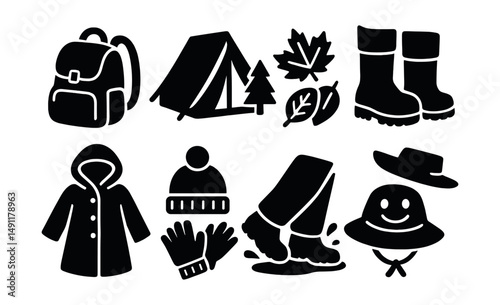 Solid style icons of seasonal transitions for kids: new backpack, summer camp icon, fall leaf collection, winter boots icon, raincoat, hat and gloves, puddle stomp, sun hat smile.