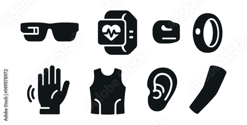 Solid style icons of future wearables: AR glasses, emotion-sensing band, bio-monitor patch, smart ring, gesture glove, posture shirt, real-time translator earpiece, thermal sleeve.