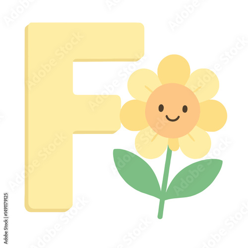 Uppercase Letter F with Cute Flower – Nature Alphabet Vector for Kids
