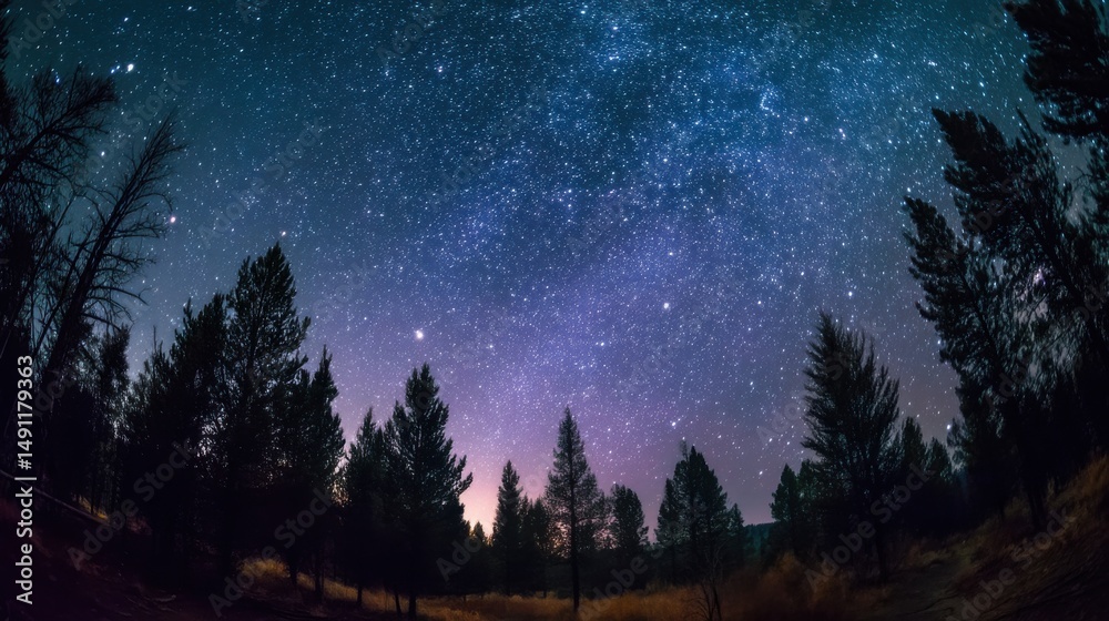 Fototapeta premium Starry Night Sky Over Forest Trees, Representing Exploration and the Beauty of Nature, Perfect for Travel and Adventure Campaigns : Generative AI