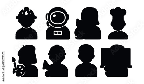 Solid style icons of children’s dream jobs: firefighter, astronaut, veterinarian, chef, artist, builder, doctor, teacher.