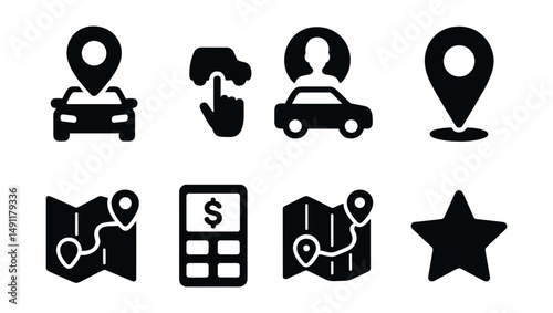 Solid style icons of ride-sharing and taxi apps: car with location pin, ride request icon, driver profile, pickup marker, in-app route, fare estimate, shared route, review star.