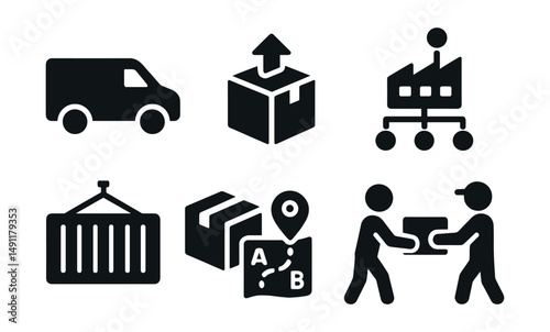 Solid style icons of logistics and delivery: delivery van, package with arrow, barcode scanner, logistics hub, shipping container, cargo tracking, route planner, courier handoff.