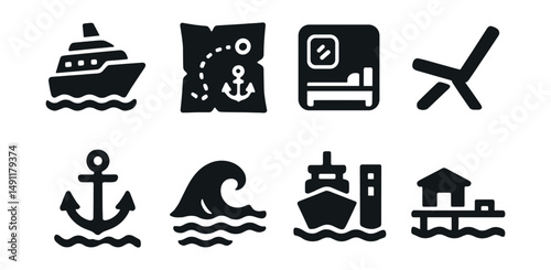 Solid style icons of water travel experiences: cruise ship, sea journey map, ship cabin, onboard deck chair, anchor drop, ocean wave, port arrival, coastal dock.